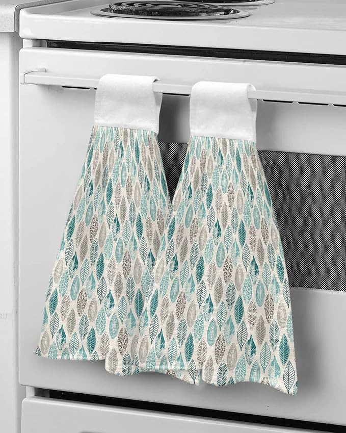 Alandar Home Kitchen Tie Towel Set of 2, Teal Leaf Gray Gradient Leaves Absorbent Soft Hand Towels for Bathroom Hanging Towels, Farm Plant Vintage Linen Fast Drying Cleaning Cloth with Loop