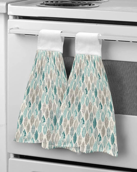 Alandar Home Kitchen Tie Towel Set of 2, Teal Leaf Gray Gradient Leaves Absorbent Soft Hand Towels for Bathroom Hanging Towels, Farm Plant Vintage Linen Fast Drying Cleaning Cloth with Loop