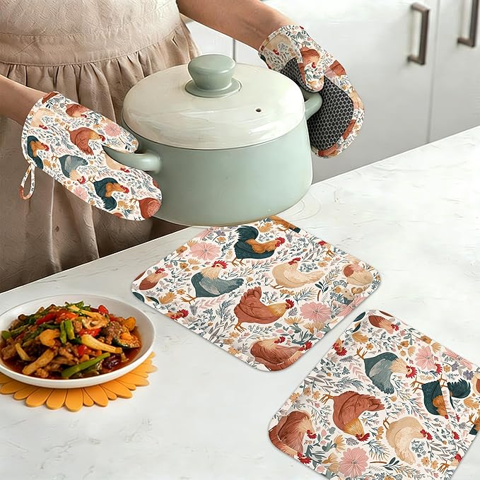 Cute Roosters Chicken Hens Oven Mitts and Pot Holders Set of 4, Heat Resistant Non Slip Plants Kitchen Gloves Hot Pads,Chef Cooking Baking Gifts for Women Bakers,Kitchen Cooking Lover Cooks