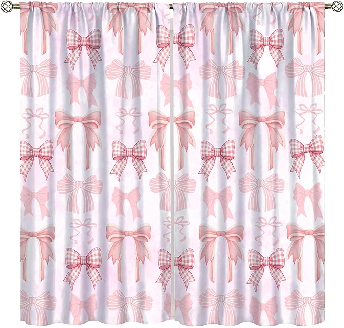 Bowknot Blackout Curtain,Kids Girls Cute Pink Bow Ties Print Window Treatment Curtains Dining Room Living Room Kitchen Cafe Bedroom Office Nursery Drapes,55x63 in
