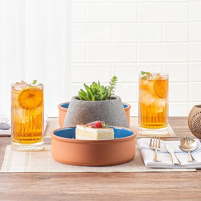 Restaurantware-Terra Tek 34 Ounce Terracotta Cazuelas, 2 Blue Glazed Clay Pots For Cooking - Oven-Ready, Microwavable, Terracotta Serving Pots, Dishwashable, For Cooking And Serving