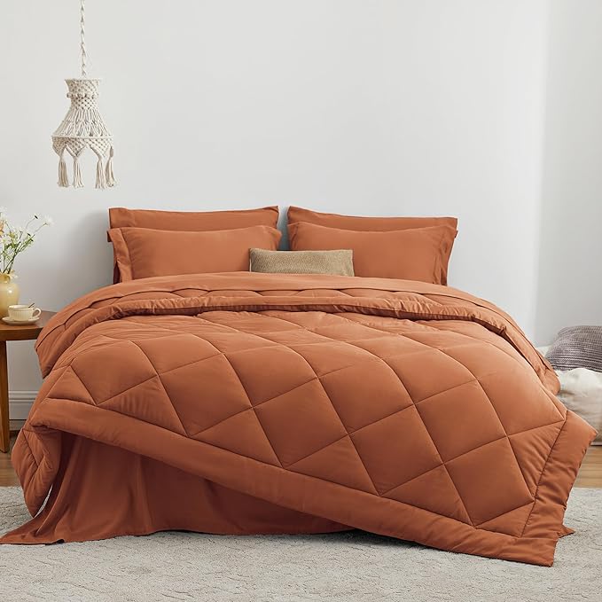 Love's cabin Full Comforter Set Terracotta, 7 Pieces Full Bed in a Bag, All Season Bedding Sets with 1 Comforter, 1 Flat Sheet, 1 Fitted Sheet, 2 Pillowcase and 2 Pillow Sham | Soft, Breathable, Lightweight, Comfortable