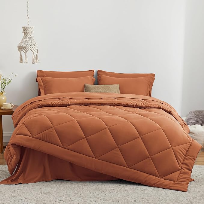 Love's cabin King Size Comforter Set Terracotta, 7 Pieces King Bed in a Bag, All Season Bedding Sets with 1 Comforter, 1 Flat Sheet, 1 Fitted Sheet, 2 Pillowcase and 2 Pillow Sham | Soft, Breathable, Lightweight, Comfortable