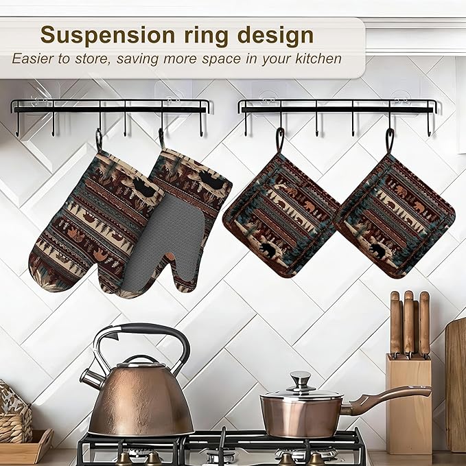 Oven Mitts and Pot Holders Vintage Bear Mountain Silicone Kitchen Accessories Set of 4 Heat Resistant Gloves Potholder Non-Slip Grip for Chef Cooking Baking Grilling BBQ