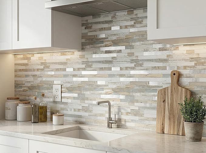 Yipscazo 10 Sheets Peel and Stick Stone Metal Tile Backsplash, Stick on Tiles for Backsplash Kitchen, Bathroom, Laundry Room, Camper, Fireplace (12'' X 12'', White Wood with Metal)