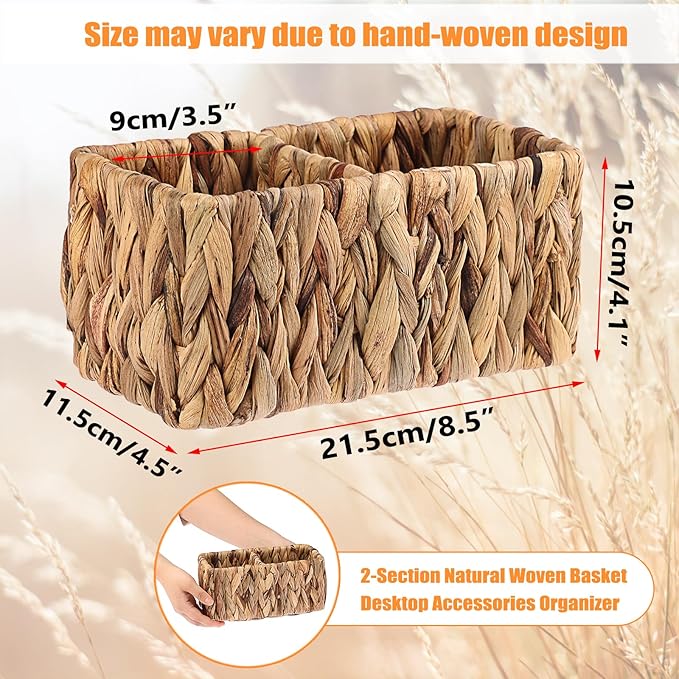 BTSKY Handwoven Remote Control Holder for Table, Natural Water Hyacinth Remote Organizer Caddy Small Wicker Storage Basket, 2-Compartment Office Supplies Desk Organizer Rustic Makeup Brushes Holder