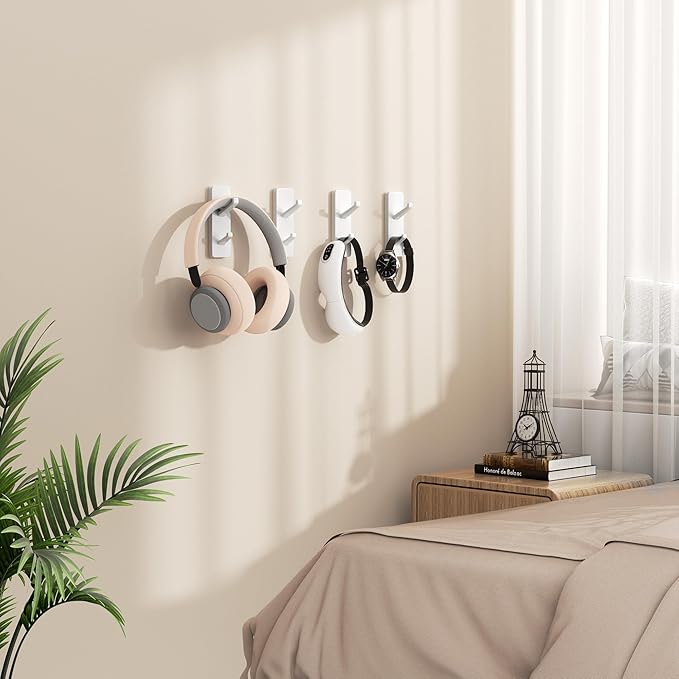 Self Adhesive Wall Hooks for Hanging: 13 LB Strong Hold, Sticky Hangers for Coat, Towels, Purse, Keys, Jacket, Bag - for Wall, Door, Bathroom, Shower, Kitchen - Stainless Metal, White, 4 Pack