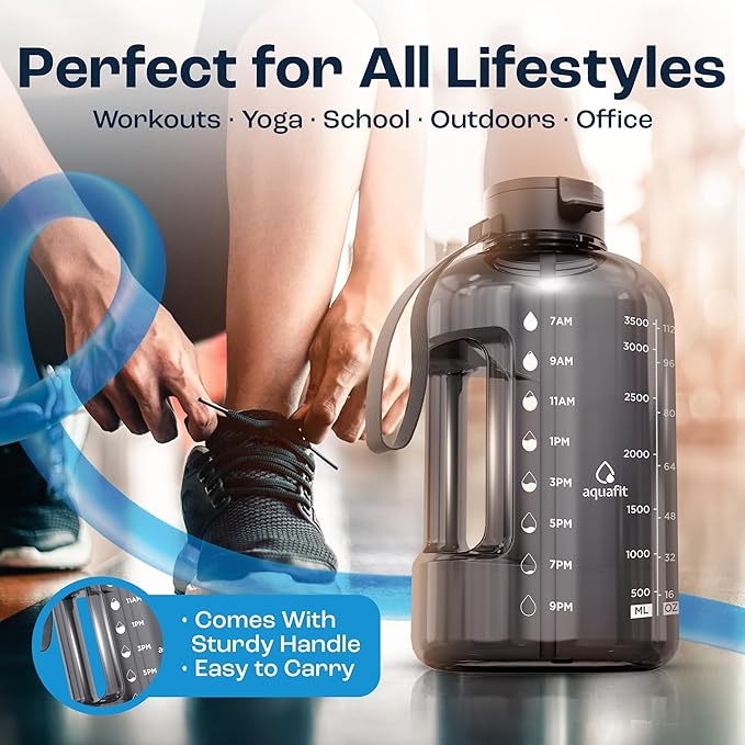 AQUAFIT 1 Gallon Water Bottle with Time Marker - Straw & Chug Lid - BPA Free Gym Water Bottle with Straw - Big Gallon Jug (Forest Fade, 128 oz - 2 Lids)