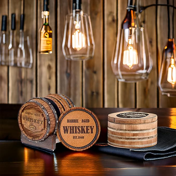 Pine Ridge 5pcs 1840 Aged Whiskey Barrel Drink Coaster Set with Holder - Rustic Bar Coasters for Whiskey Table & Bourbon Room - Unique Bar Accessories for Man Cave - Beer & Whiskey Glass Coaster