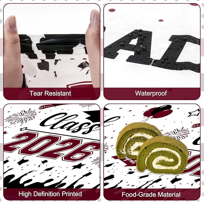 Graduation Decorations Class of 2026 Tablecloth - 3 Pcs Plastic Congrats Grad Table Cloth, Graduations Table Cover for Graduation Party Decorations 2026 and Party Supplies, 54"x108" (Maroon and Black)