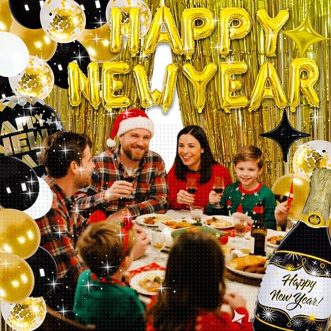 2026 New Year Decorations Kit, 2026 Happy New Years Eve Party Supplies with Foil Balloons Happy New Year Banner, Balloons, Champagne Foil tassel Curtain for New Years Party Decoration
