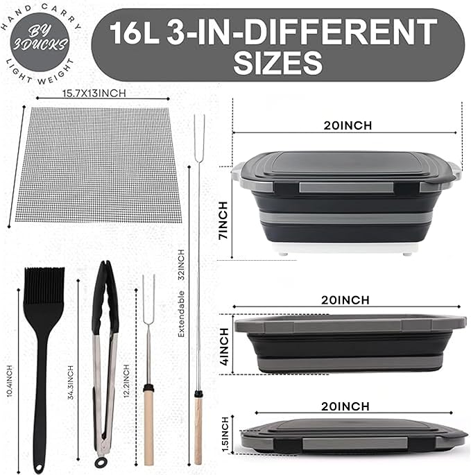 Collapsible BBQ Prep Tub 16L Black | Portable Meat Marinating Container with Locking Cutting Board Lid, BBQ Tongs, Grill Mesh, Silicone Brush & 3 Roasting Sticks for Camping & Outdoor Grilling