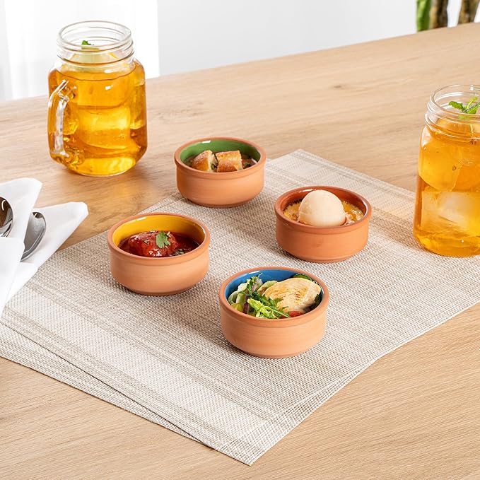 Restaurantware-Terra Tek 2.7 Ounce Terracotta Cazuelas, 2 Blue Glazed Clay Pots For Cooking - Oven-Ready, Microwavable, Terracotta Serving Pots, Dishwashable, For Cooking And Serving