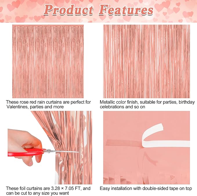 ZATAYE 2 Pack Rose Gold Decorations, 3.28 FT x 7.05 FT Rose Gold Fringe Curtains, Metallic Photo Backdrop Tinsel Backdrop Foil Curtains, Metallic Party Supplies Wedding Decor