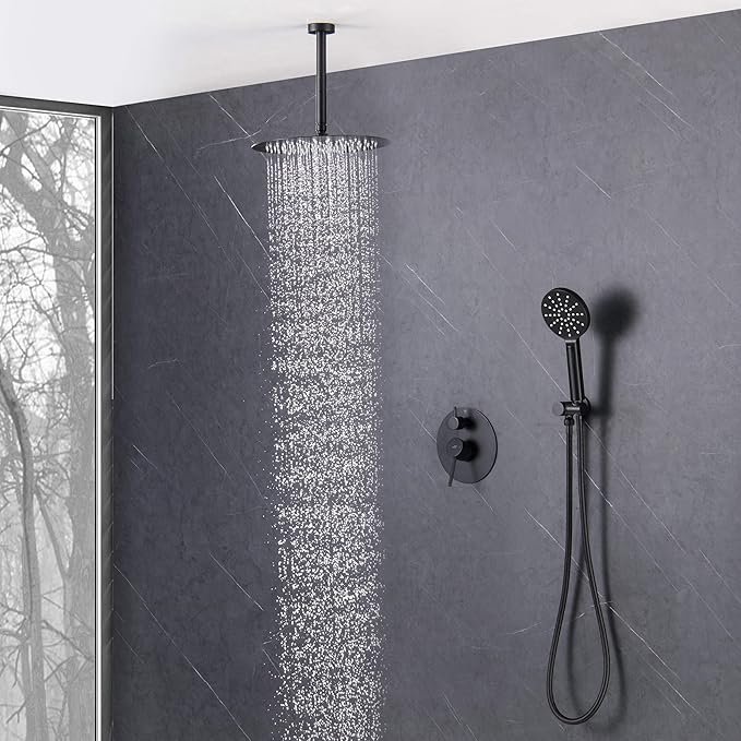 KIBI Circular Ceiling Mounted Shower System with 2-Function Faucet Set | Solid Brass Pressure Balanced Valve | Anti-Scald Design for Reliable Water Temperature Control (Matte Black Finish, KSF408)