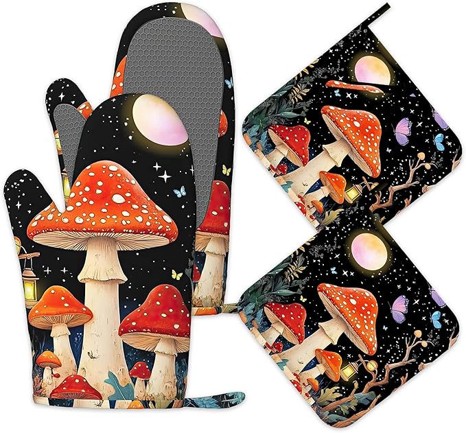 Oven Mitts and Pot Holders Mushroom Silicone Kitchen Accessories Set of 4 Heat Resistant Gloves Colorful Butterfly Moon Star Potholder Non-Slip Grip for Chef Cooking Baking Grilling BBQ
