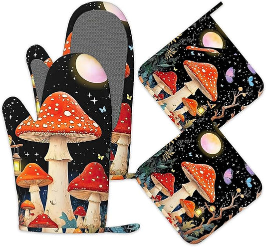 Oven Mitts and Pot Holders Mushroom Silicone Kitchen Accessories Set of 4 Heat Resistant Gloves Colorful Butterfly Moon Star Potholder Non-Slip Grip for Chef Cooking Baking Grilling BBQ