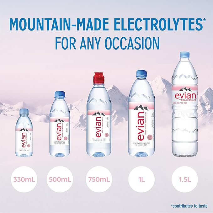 evian Natural Spring Water, 750 ml (25.36 fluid ounce) Water Bottle with Sports Cap, 12 Pack