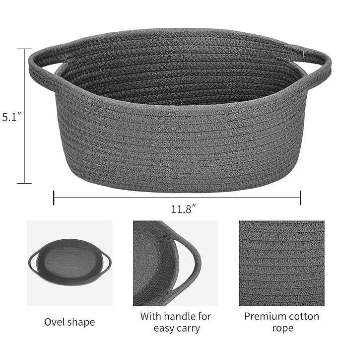 ABenkle Small Woven Storage Basket with Handles - 12"x8"x5", Decorative Rope Bin for Home Organization, Cat & Dog Toys, Shelf Storage, Gift Basket - Deep Grey
