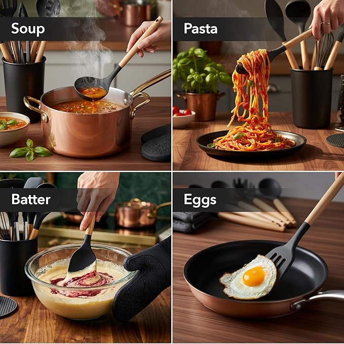 OVENTE Silicone Cooking Utensils Set, 17pcs Heat Resistant Kitchen Tools and Gadgets for Nonstick Cookware, BPA Free Spatula Set with Wooden Handle, Cup Holder, Oven Gloves and Hot Pads, Black SPS17B