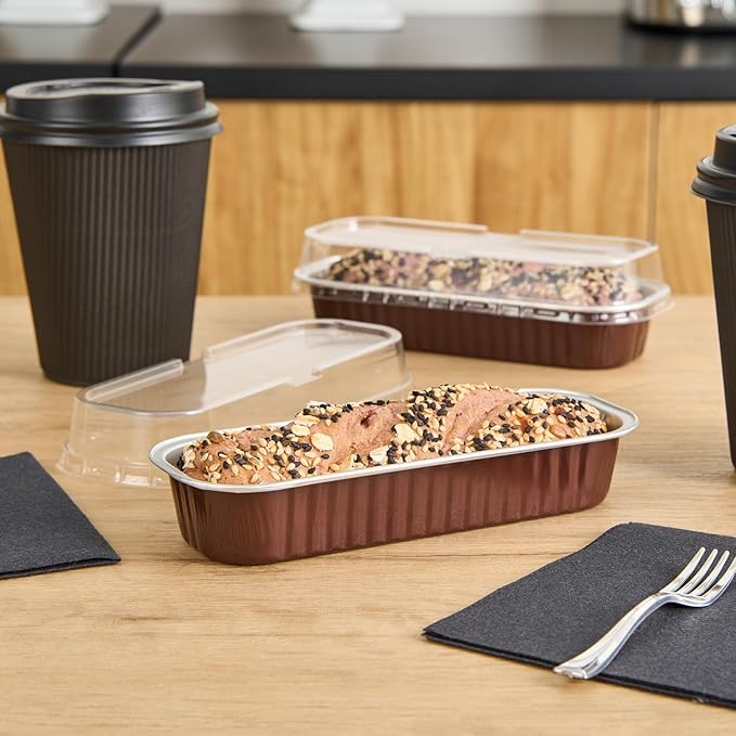 Restaurantware-6.8 Ounce 6.5 X 2.6 X 1.2 Inch Mini Cake Pans, 100 Round Baking Cup - Disposable, With Dome Lids, Coffee Brown Aluminum Cake Pans, Lightweight, For Frosted Mini Desserts