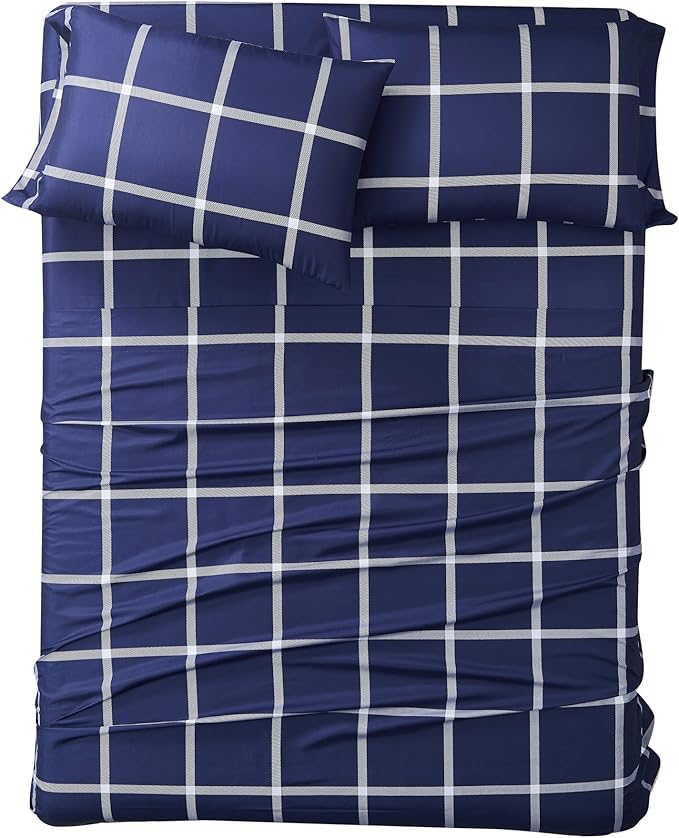 TRULY SOFT Printed Windowpane White and Navy Polyester 3-Piece Twin XL Sheet Set, Geometric Themed, for Men and Women, Oeko-TEX Certified Confidence