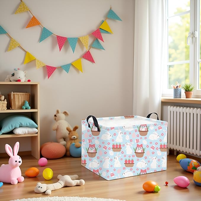 HIYAGON Rectangular Easter Basket for Kids Baby Easter Basket for Boys and Girls Cute Toy Storage Organizer Bin Box Room Decor(Blue Flower Easter)