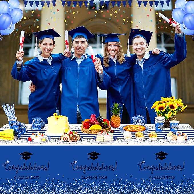 6 Pack Class of 2026 Graduation Tablecloths,Foil Dot Plastic Disposable Rectangle Table Covers for 2026 High School University College Graduation Party Decorations,108*54 Inch (Blue and Black)