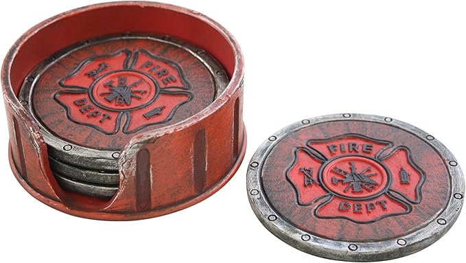 Pine Ridge Fire Department Set of 4 Coasters with Rubber Pad Base and Holder - Volunteer Fireman Fire Fighter Gift Ideas - Beautiful Polyresin Made Firefighter Symbol Display Items