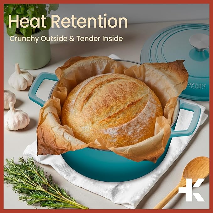 Bakken Enameled Cast Iron Dutch Oven Pot, 6QT Dutch Oven for Bread Baking, Braising & Roasting, Kitchen & Campfire Cooking, Moisture-Locking Lid, Oven Safe Up To 500°F, Works on All Cooktops, Teal