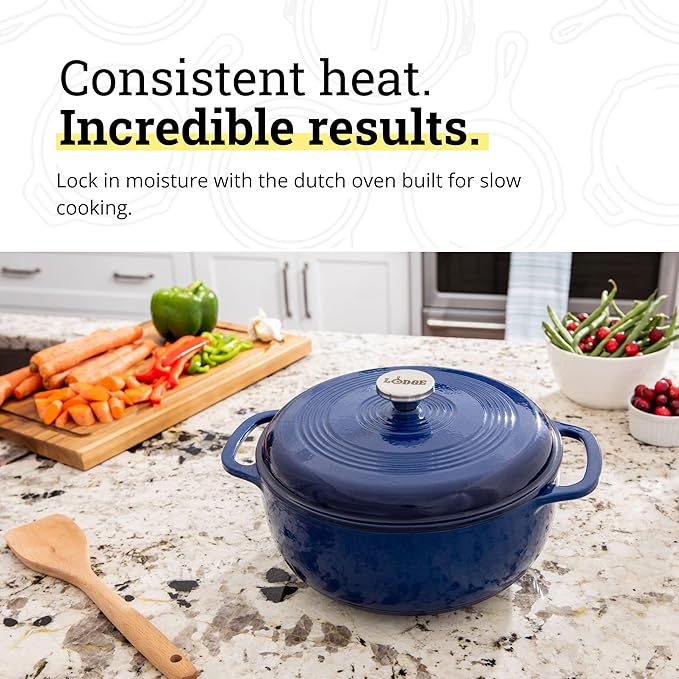 Lodge Essential Enamel Cast Iron Dutch Oven - Perfect for Bread Baking, Braising, Marinating & Slow Cooking - Features Moisture-Sealing Lid & Dual Handles - Kitchen Essentials - 6 Quarts - Indigo