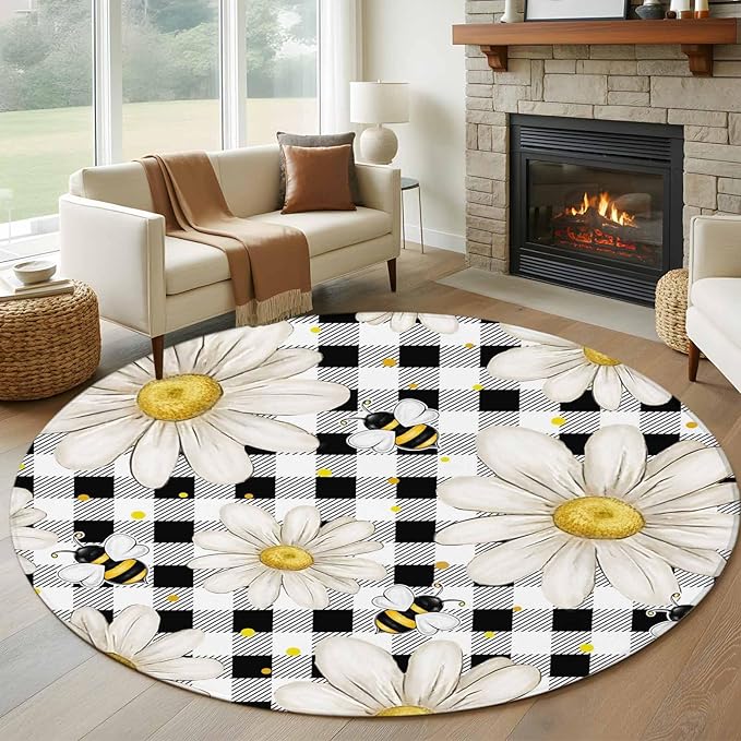 Washable Round Area Rug Farmhouse Blossom Flower Bee Circle Rugs Floor Carpet for Living Room Bedroom, Spring Daisy Black White Plaid Soft Non Slip Round Rug 5ft