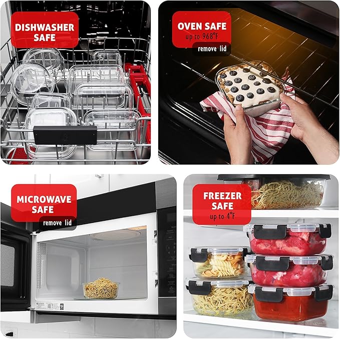 EATEX 24pc Glass Storage Containers with Lids, 12 Set Glass Food Storage Containers with 12 Airtight Lids, Pantry Kitchen Meal Prep Containers for Lunch, Freezer Storage Containers, Jet Black