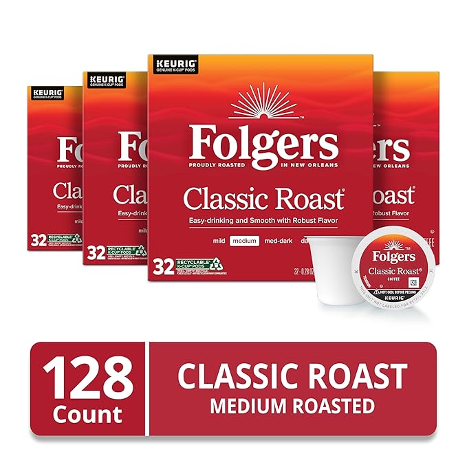 Folgers Classic Roast, Medium Roast Coffee, Keurig K-Cup Pods, 32 Count Boxes (Pack of 4)