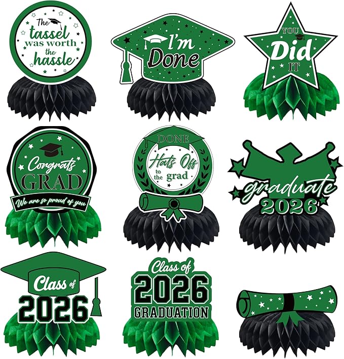 Graduation Decorations 2026 - Green Graduation Honeycomb for Table Centerpiece | Graduation Party Decorations Class of 2026,Table Toppers for Graduation Party Favors Supplies Indoor Outdoor