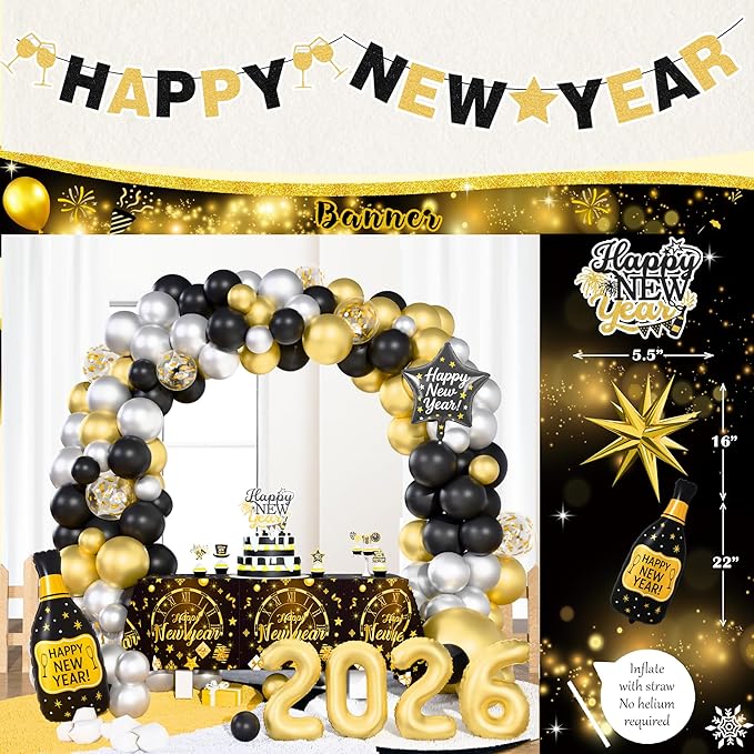 New Year 2026 Party Supplies Kit, Happy New Year's Eve Party Decorations, 2026 Year Party Decor with 2026 Gold Black Balloon Garland Foil Curtain Tablecloth with 2026 New Years Eve Party Decorations