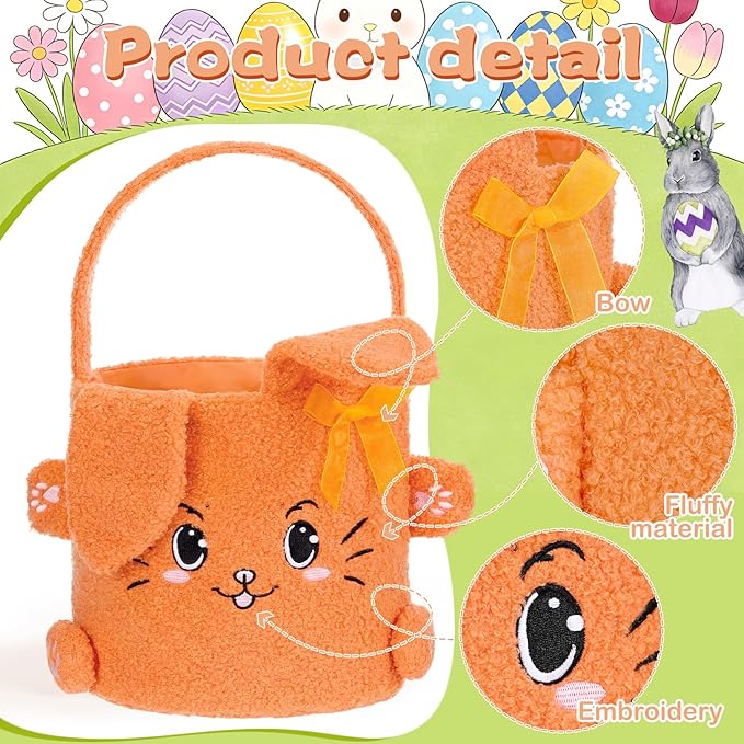 Mimorou 3 Pack Easter Basket Soft Plush Bunny Sherpa Personalized Bucket with Rabbit Ears Decorative Bow Large Bunny Tote Bags Ideal for Egg Hunt, Party Favors(Orange Pink and Yellow)