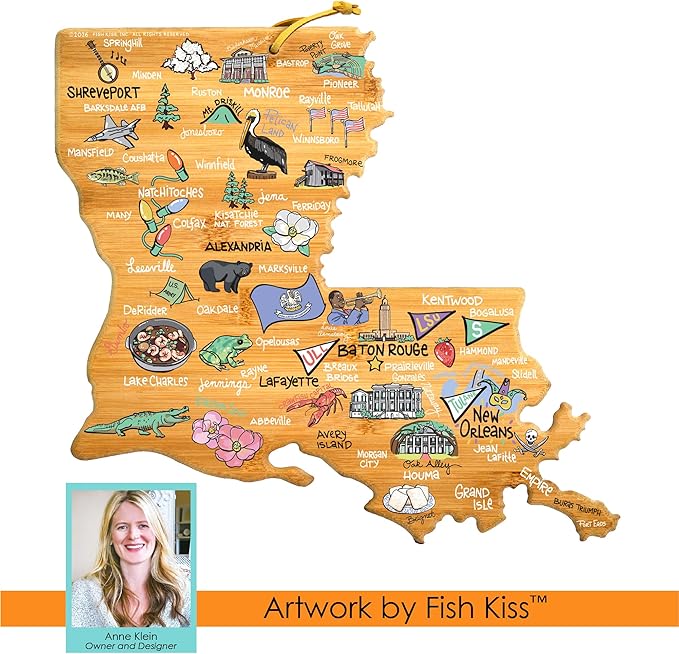 Totally Bamboo Louisiana State Shaped Cutting Board and Charcuterie Serving Platter with Artwork by Fish Kiss, Includes Hang Tie for Wall Display