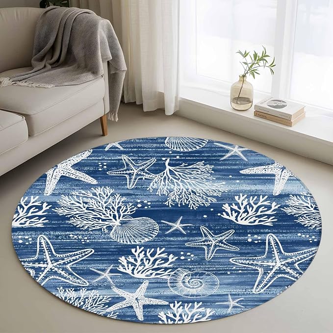 Navy Blue Coastal 3ft Round Rug, Ocean Coral Starfish Non-Skid Rubber Backing Large Area Rugs - Living Room Bedroom Home Office, Summer Beach Indoor Floor Mat Carpets Washable Rug
