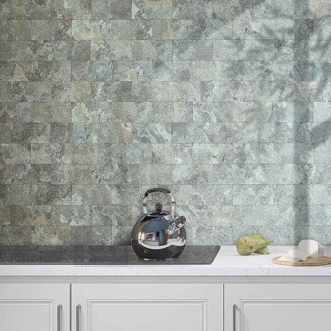 AULIGET 4-Piece Faux Stone Peel and Stick Backsplash Wall Tiles, 3" x 6" Grey & Brown Slate PVC Stick on Tile for Backsplash Kitchen, Bathroom, Laundry Room, Camper, Fireplace
