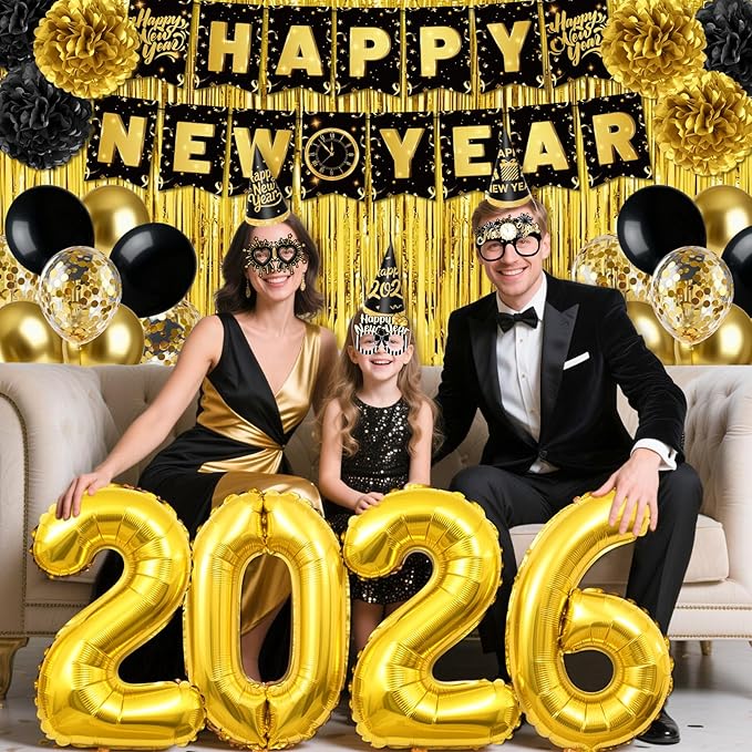 New Year Decorations 2026, Black Gold New Years Eve Party Supplies 2026 with Happy New Year Banner Cone Hat Paper Glasses Fringe Curtains 32inch 2026 Balloons for Happy New Years 2026 Decorations
