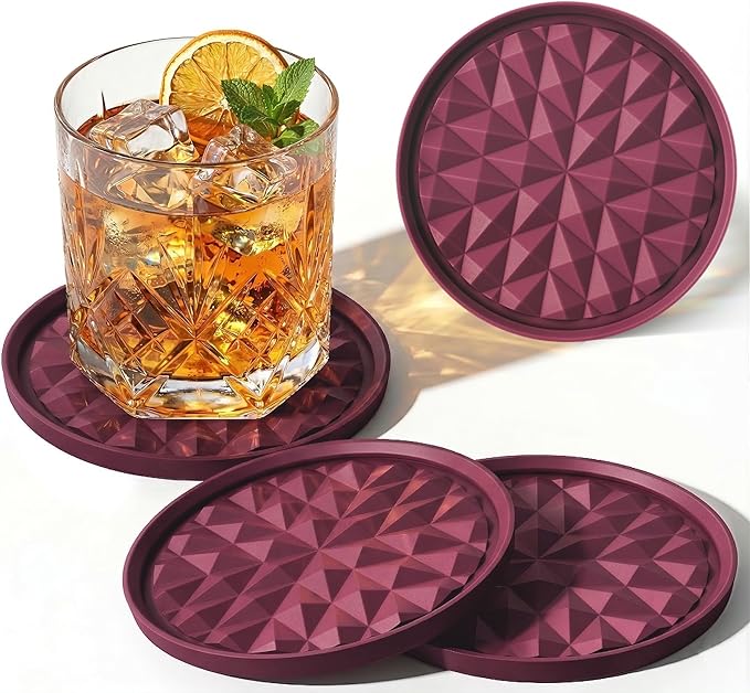 Silicone Coasters for Drinks[4 Pack]- Cup Mat for Tabletop Protection-Non-Slip, Non-Stick, Coffee Table Decor, Great Gift for Mother’s Day, Red