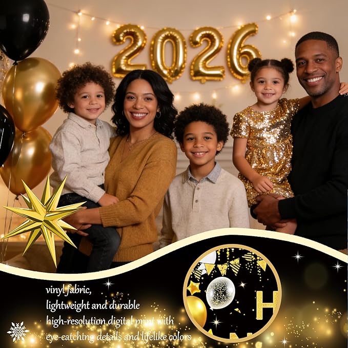 New Year Party Decorations 2026, Happy New Year's Eve Party Supplies Kit, 2026 Gold Black New Year Party Decor with Bckdrop Balloon Garland Tablecloth Balloon Boxes for 2026 Year Party