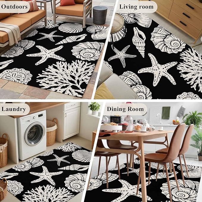 Area Rug 3x5ft, Marine Starfish Shell Conch Washable Rugs for Living Room Bedroom, Ocean Life on Black Soft Non-Slip Area Rugs Rectangle Floor Carpet for Dining Room