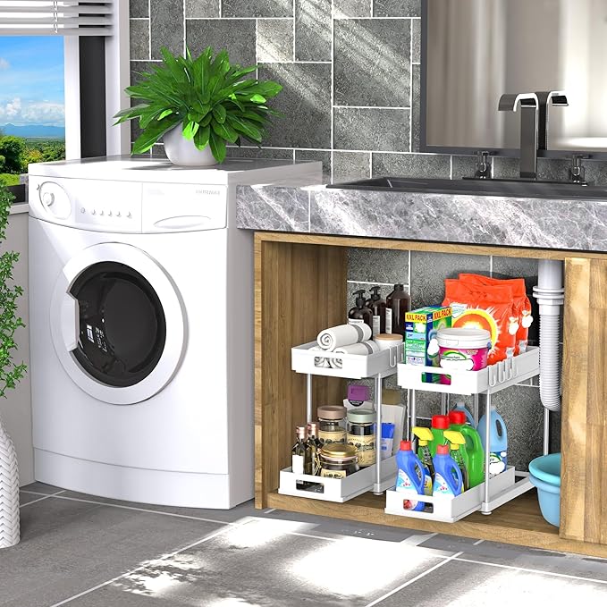 2 Pack Under Sink Organizer with Pull-Out Drawer, 2-Tier Cabinet Storage for Kitchen & Bathroom, Fits Cleaning Supplies & Toiletries, Space Saving for Small Cabinets, Double-layer Sliding White