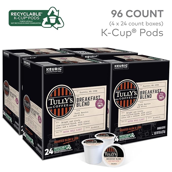 Tully's Coffee Breakfast Blend Keurig Single-Serve K-Cup Pods, Light Roast Coffee, 96 Count