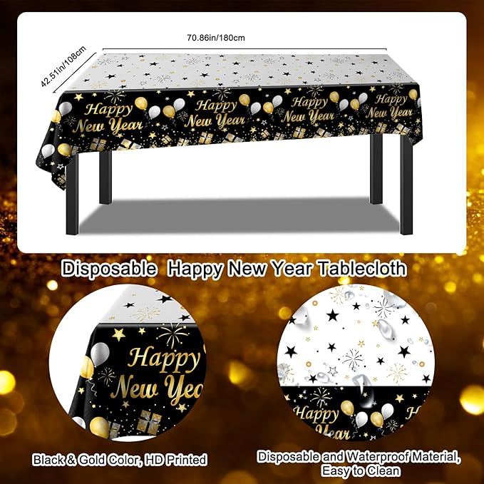 Happy New Year Decorations 2026, New Years Eve Party Supplies 2026 Black and Gold Happy New Year Banner Backdrop New Years Eve Decorations Tablecloth Foil 2026 Balloons for NYE Party Decor