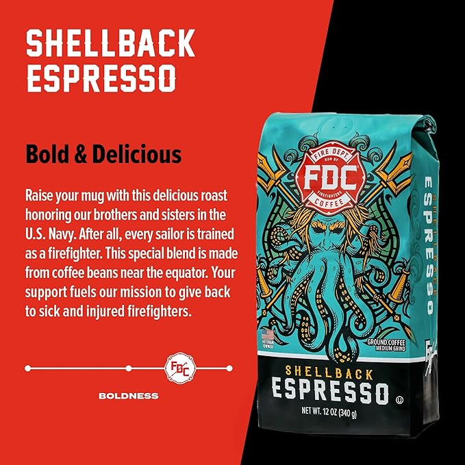 Fire Department Coffee - Gives Back to Firefighters - Shellback Espresso Ground Coffee - Bold & Smooth - Roasted in the USA - Dark Roast Espresso - Veteran Owned (12 oz, Pack of 2)