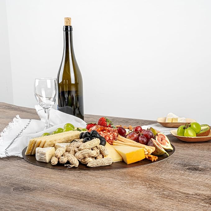 Restaurantware Cater Tek 13.8 Inch Charcuterie Boards 10 Faux Wood Cheese Boards - Round Stackable Dark Paper Cardboard Charcuterie Boards Disposable For Serving At Catered Events