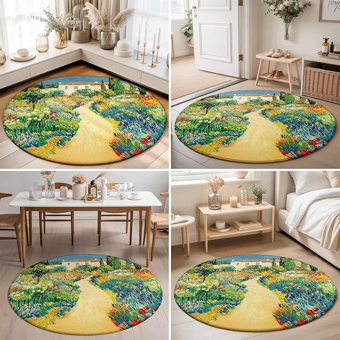 Washable Round Area Rug Pastoral Floral Pink Yellow Flower Green Leaves Circle Rugs Floor Carpet for Living Room Bedroom, Farm Plants Soft Non Slip Round Rug 3ft